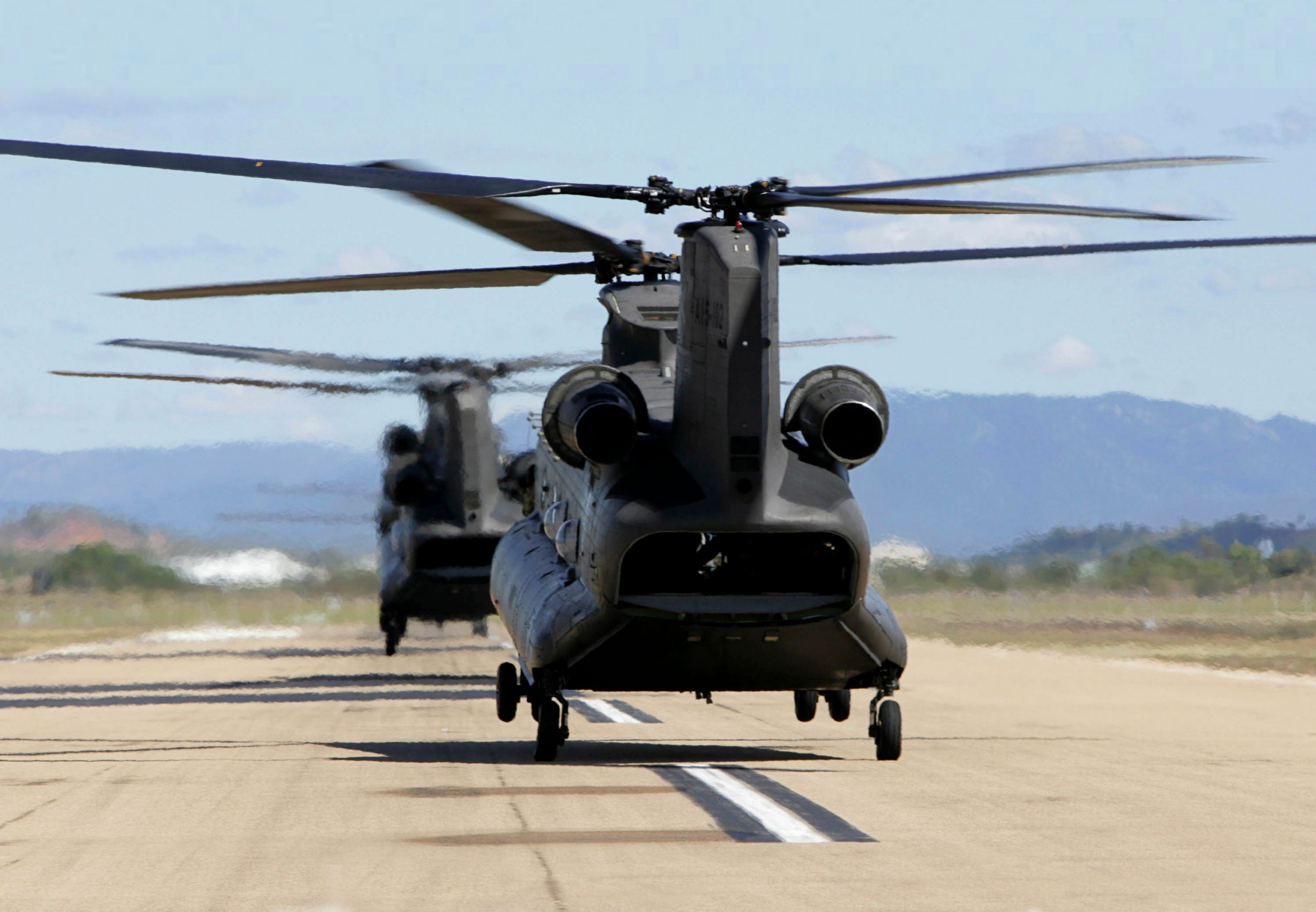 Five Chinooks land and return to the C Squadron lines at 5th Aviation Regiment after a sortie in Townsville