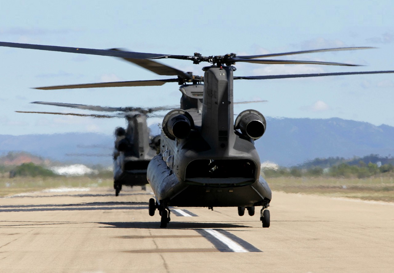 Five Chinooks land and return to the C Squadron lines at 5th Aviation Regiment after a sortie in Townsville